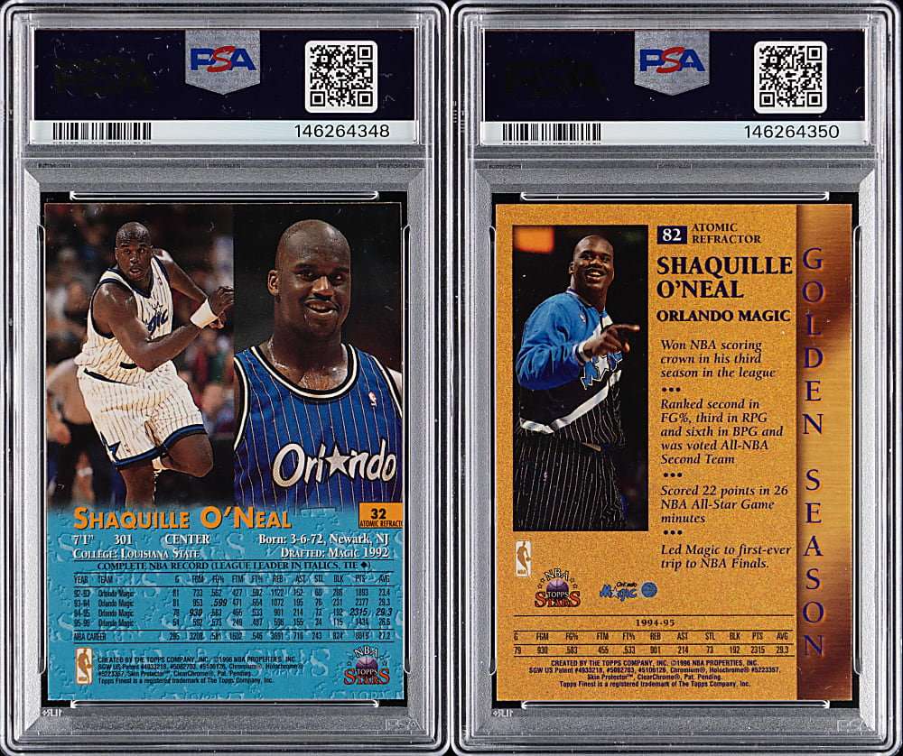 1996 Topps NBA Stars Shaquille O'Neal Finest Atomic Refractor Pair - Both PSA NM-MT 8