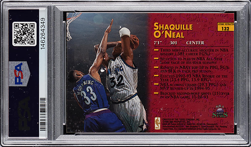 1996 Topps NBA Stars #132 Shaquille O'Neal Finest Atomic Refractor PSA MINT 9