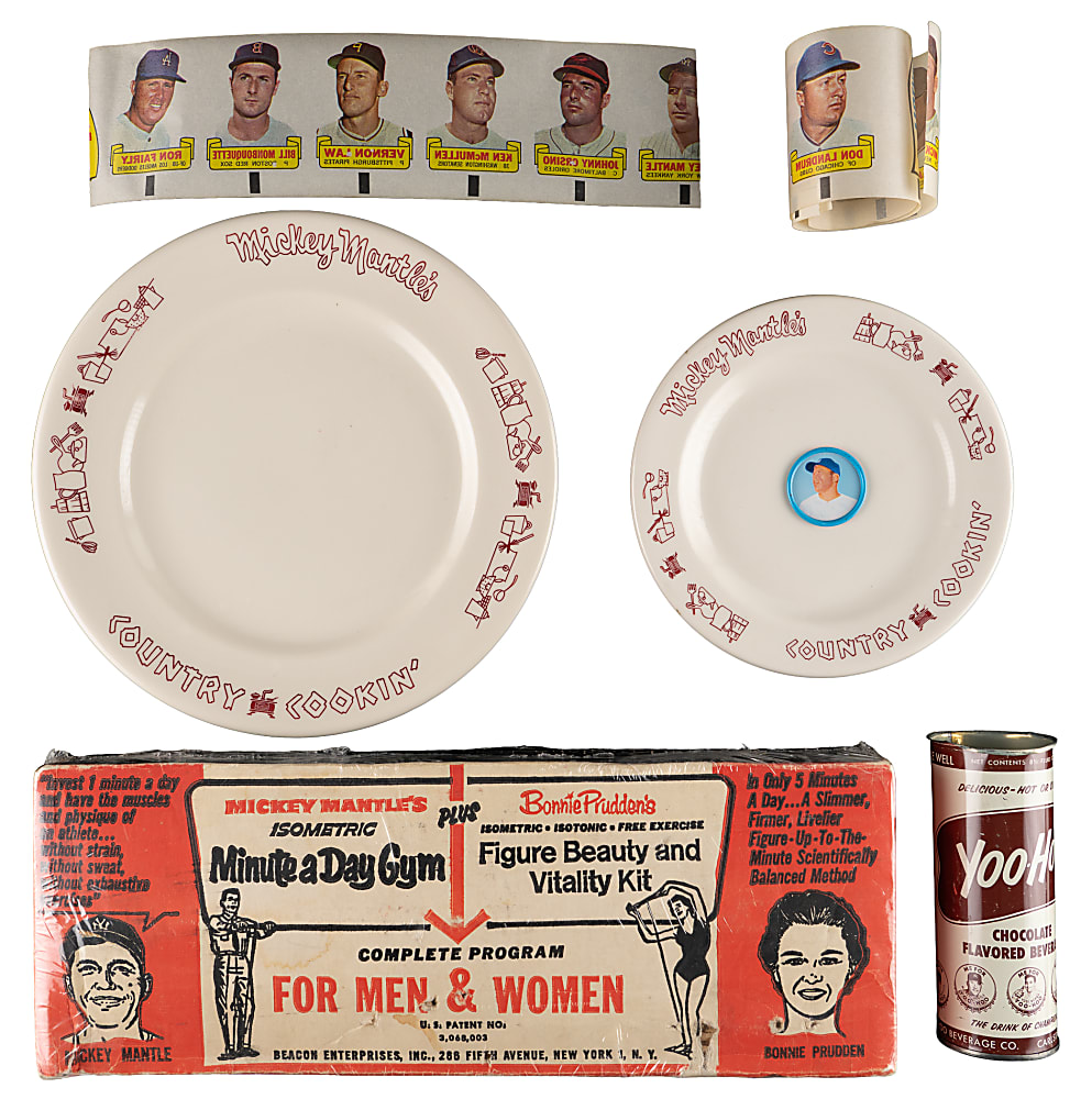 1950s-1960s Mickey Mantle Collection (6) with (2) County Cookin' Plates, 1963 Salada & Yoo-Hoo Can