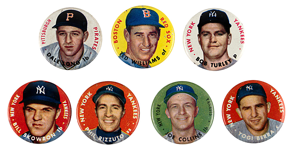 1956 Topps Pins Collection (7) with (3) Hall of Famers Including Berra, Rizzuto & T. Williams