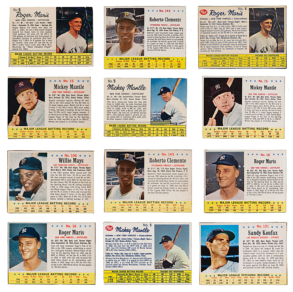 1962 & 1963 Post & Jell-O Collection (54) with (27) Hall of Famers Including (4) Mickey Mantle & (4) Roger Maris