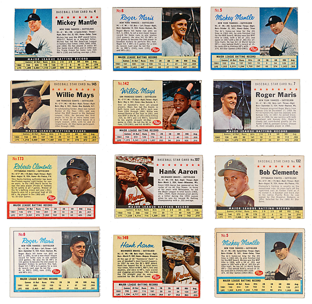 1961 & 1962 Post Cereal Collection (105) with (47) Hall of Famers Including Aaron, Clemente, Mantle & Mays