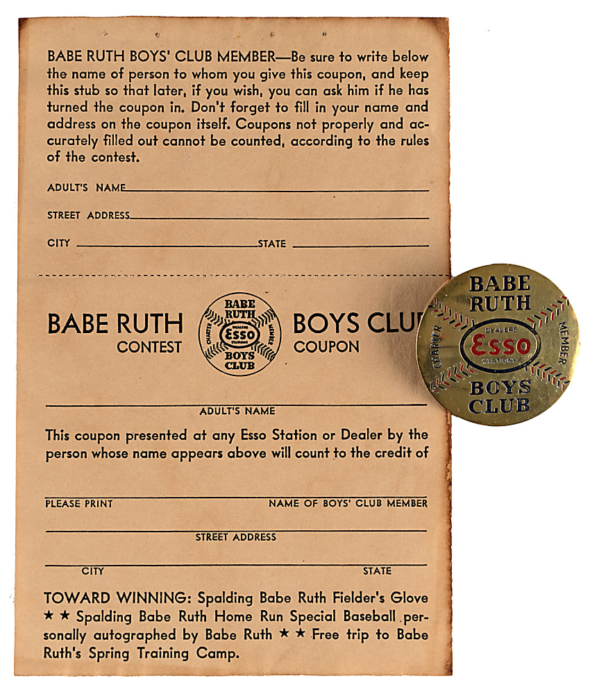 1930s ESSO Babe Ruth Boy's Club Contest Coupon & Member Pin