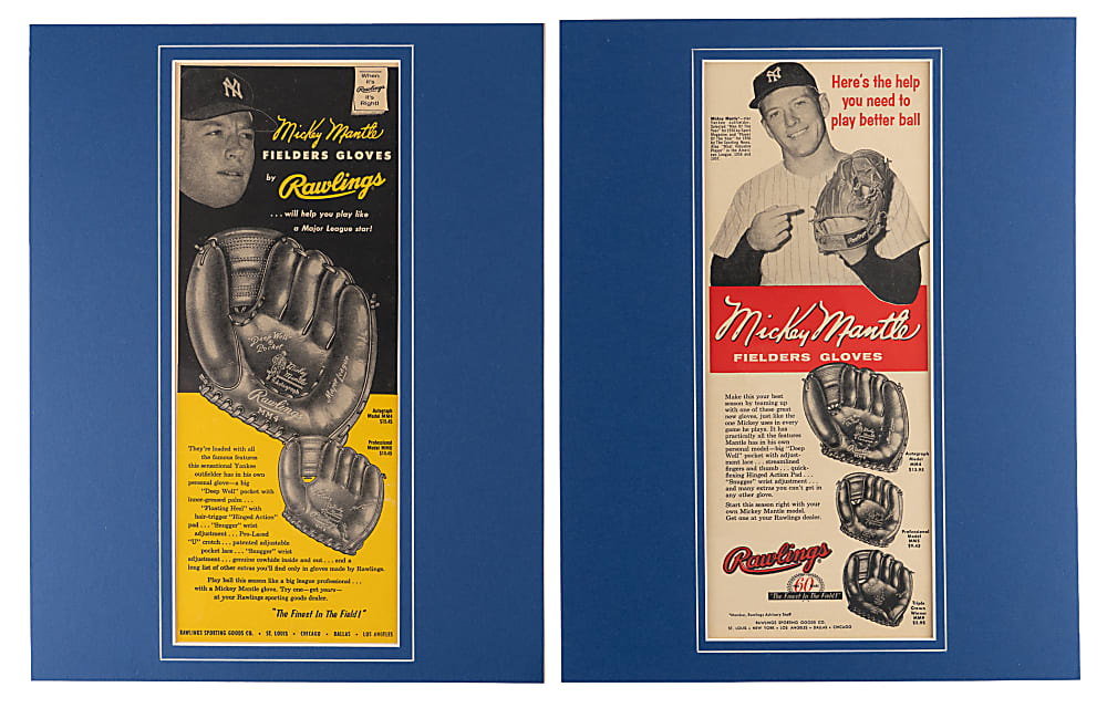 1950s-1960s Mickey Mantle Matted Rawlings Advertisement Pair