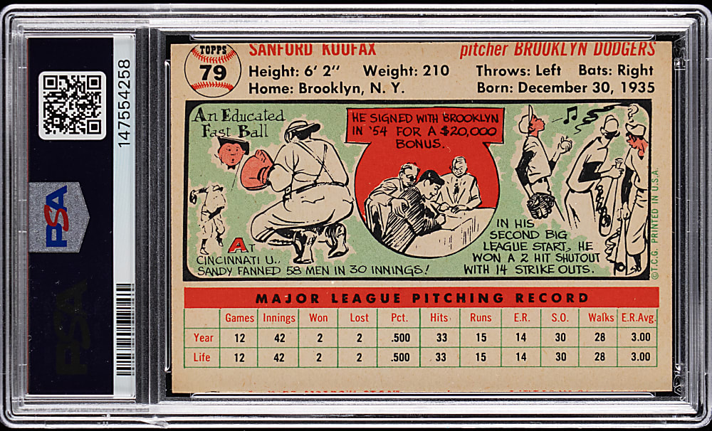 1956 Topps #79 Sandy Koufax White Back PSA NM 7 (mc)