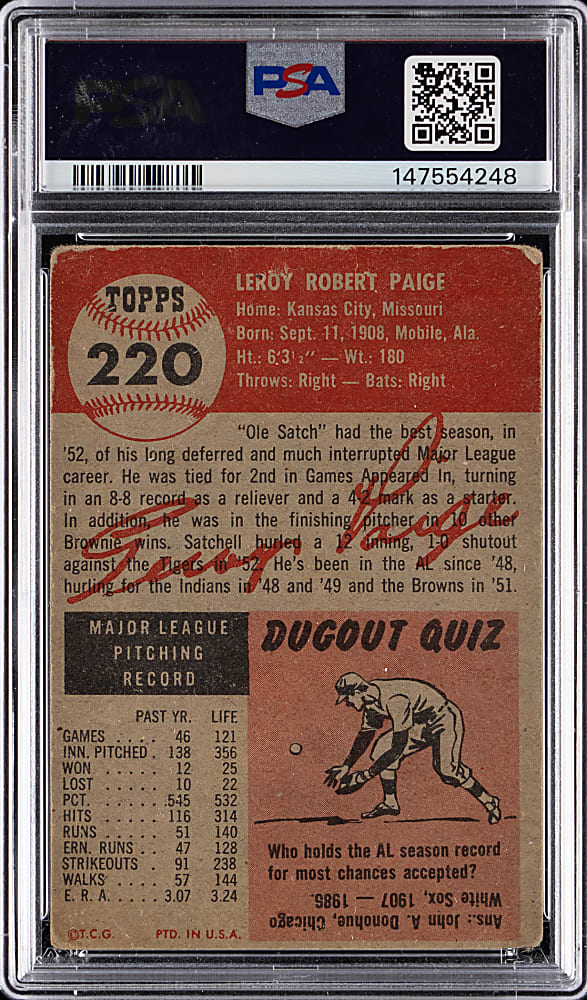 1953 Topps #220 Satchel Paige High Number PSA GOOD 2