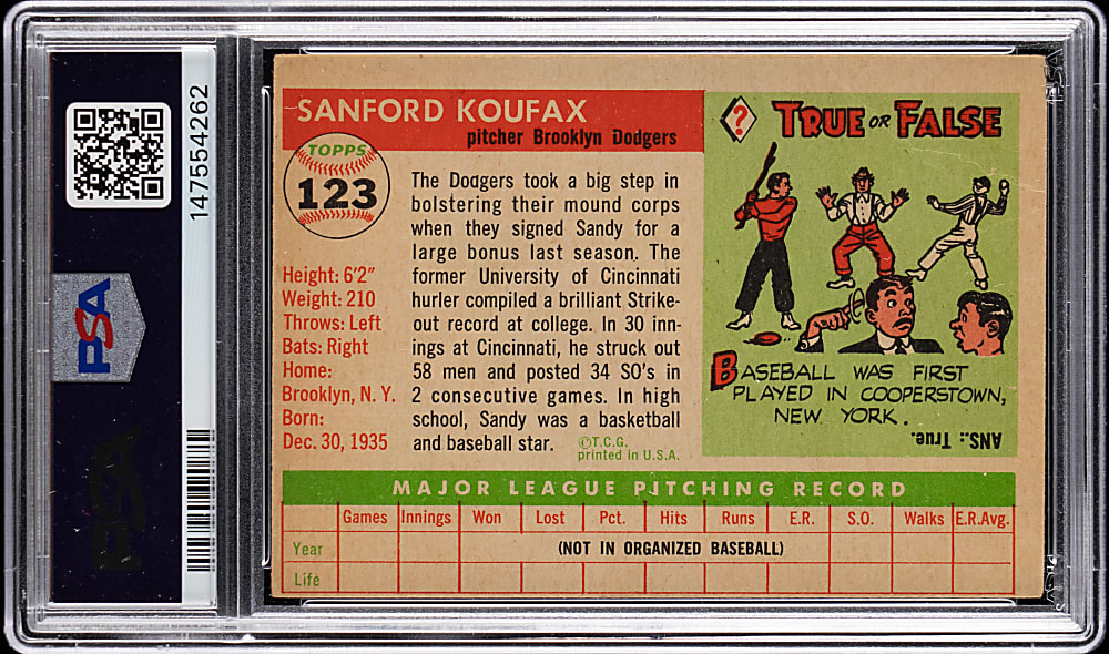 1955 Topps #123 Sandy Koufax Rookie PSA GOOD 2
