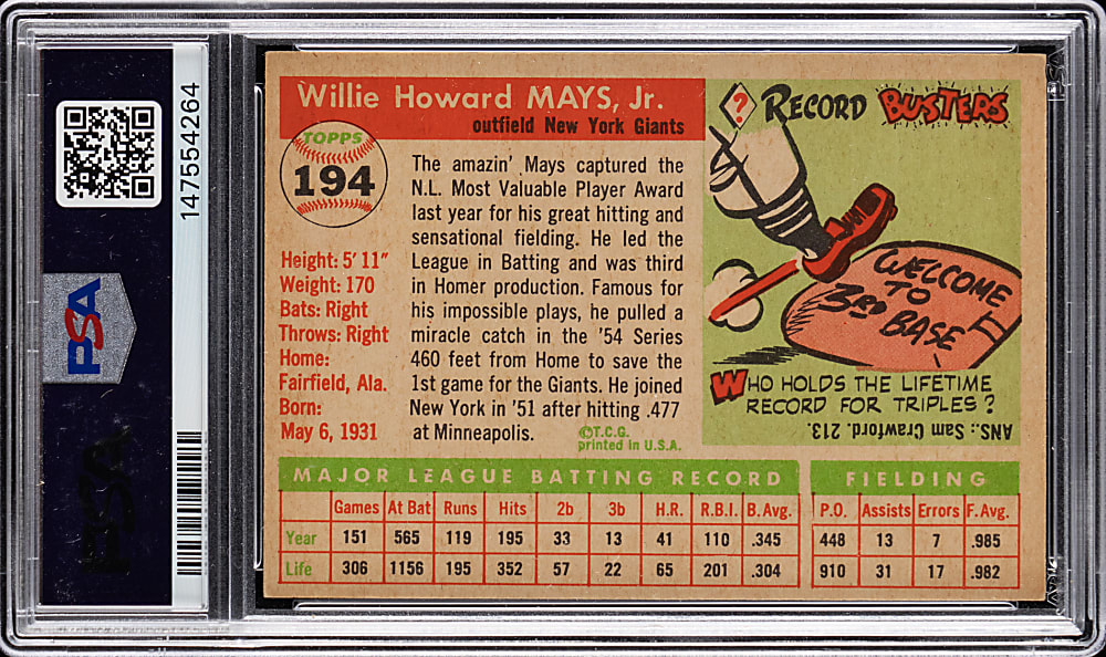 1955 Topps #194 Willie Mays PSA EX-MT 6