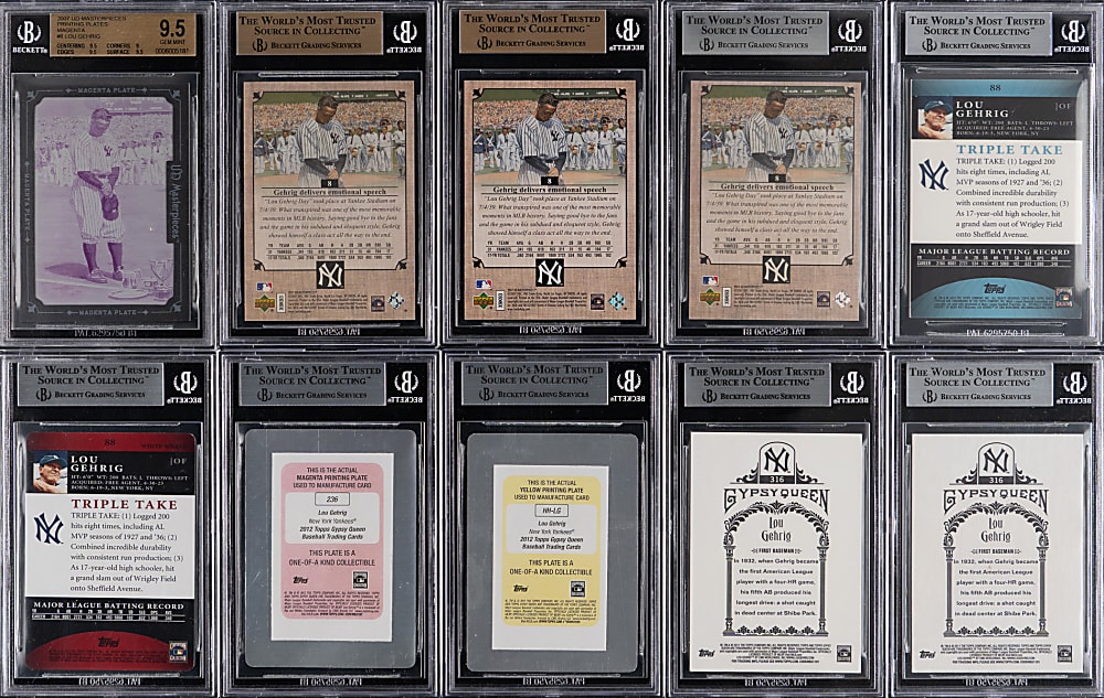 2007-2012 Lou Gehrig #1/1 Printing Plate BGS Graded Collection (5) Plus (5) BGS Final Production Matches