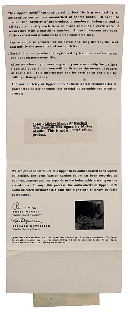 Mickey Mantle Single-Signed OAL/Brown Baseball with "No. 7" Inscription - UDA