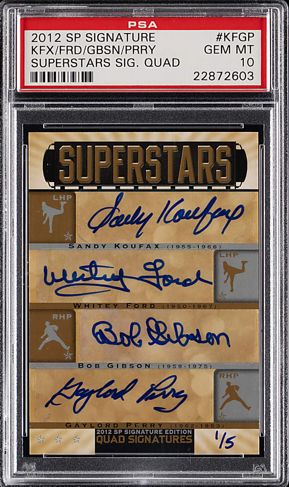 2012 SP Signature Superstars Quad Signature Sandy Koufax/Whitey Ford/Bob Gibson/Gaylord Perry #/5 PSA GEM MINT 10
