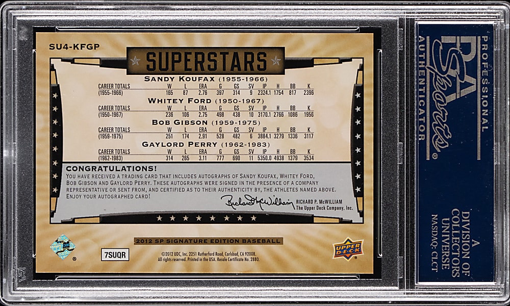 2012 SP Signature Superstars Quad Signature Sandy Koufax/Whitey Ford/Bob Gibson/Gaylord Perry #/5 PSA GEM MINT 10