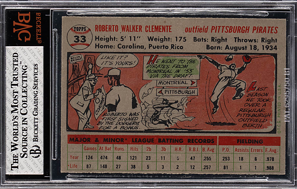 1956 Topps #33 Roberto Clemente Gray Back BVG EX+ 5.5
