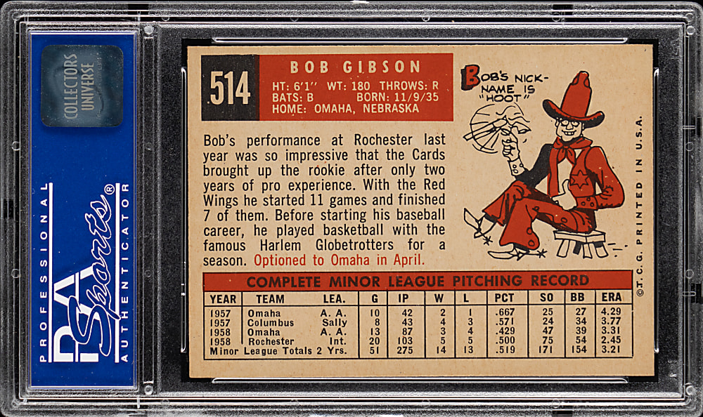1959 Topps #514 Bob Gibson Rookie PSA NM 7