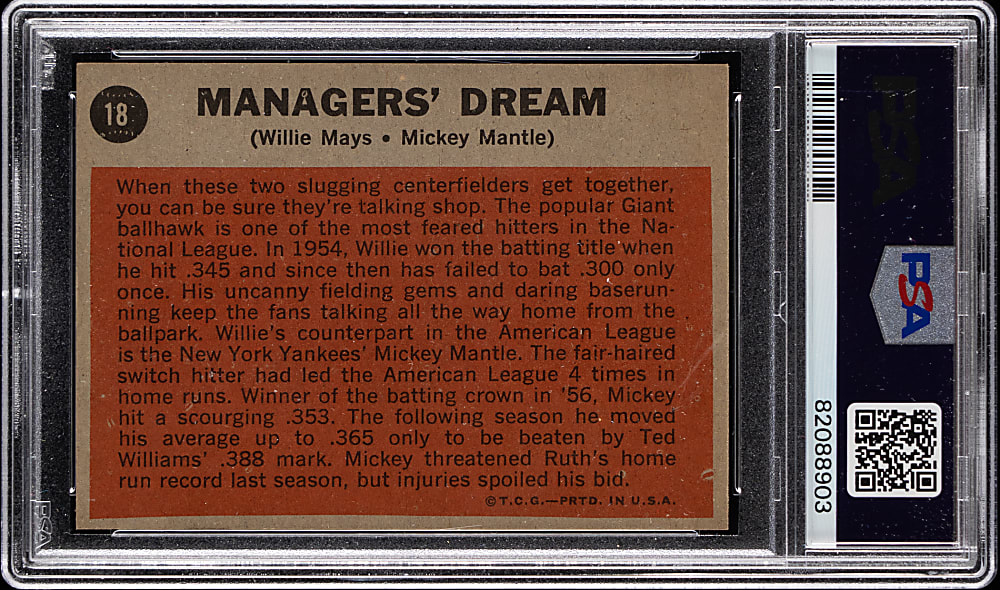 1962 Topps #18 Managers' Dream Mickey Mantle/Willie Mays PSA EX-MT 6