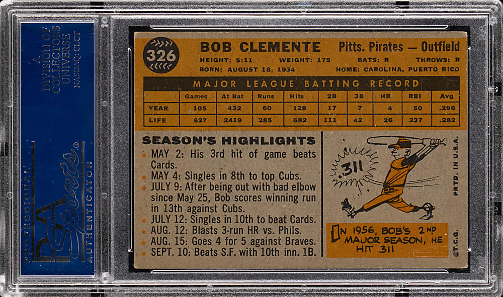 1960 Topps #326 Roberto Clemente PSA EX 5