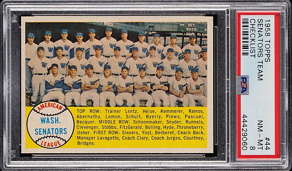 1958 Topps #44 Washington Senators Checklist PSA NM-MT 8