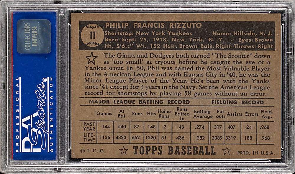 1952 Topps #11 Phil Rizzuto (Black Back) PSA EX-MT 6