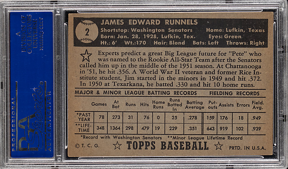 1952 Topps #2 Pete Runnels (Black Back) PSA EX 5