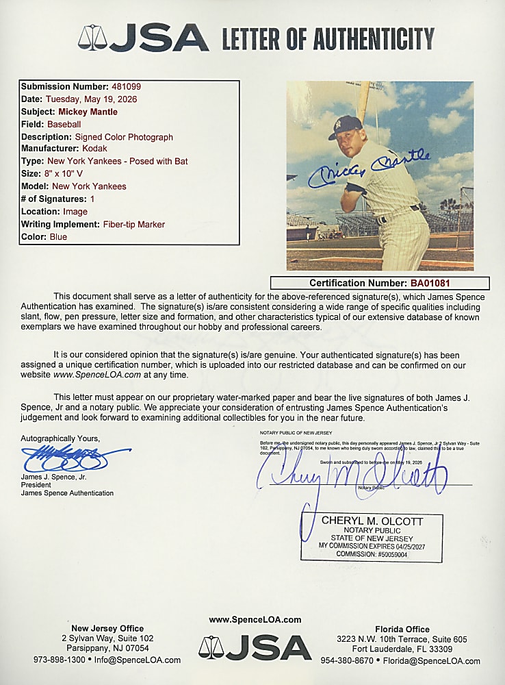 Mickey Mantle Signed 8x10 Photograph with Full JSA