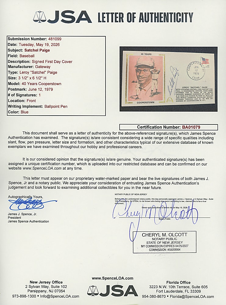 1979 Satchel Paige Signed Gateway Cachet with Full JSA LOA