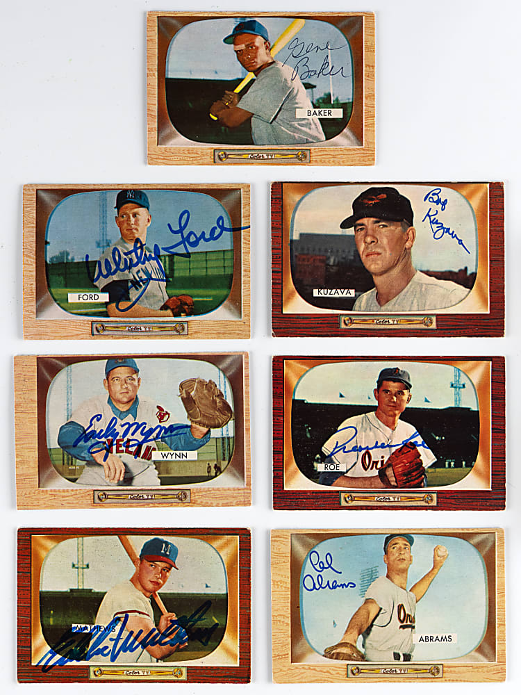 1955 Bowman Signed Group (7) Different with (3) Hall of Famers Including Ford, Mathews & Wynn