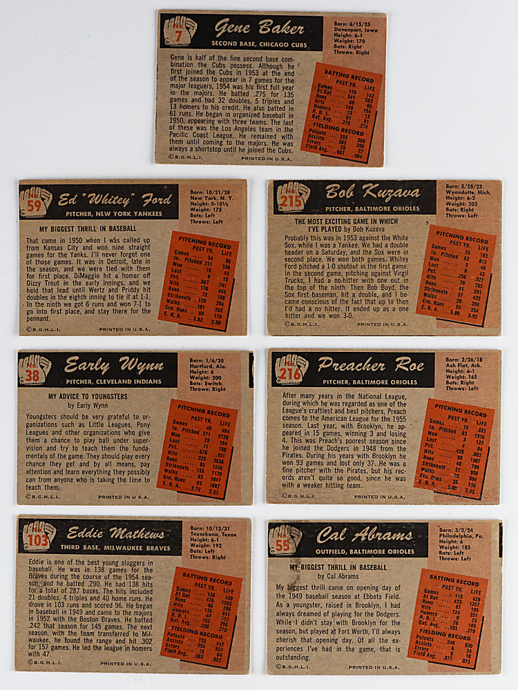 1955 Bowman Signed Group (7) Different with (3) Hall of Famers Including Ford, Mathews & Wynn