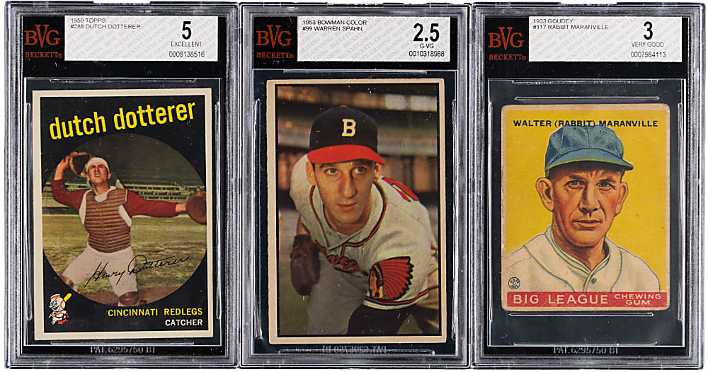 1933-1959 Vintage BVG Graded Trio with Rabbit Maranville & Warren Spahn