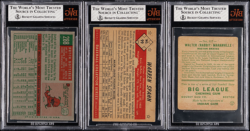 1933-1959 Vintage BVG Graded Trio with Rabbit Maranville & Warren Spahn