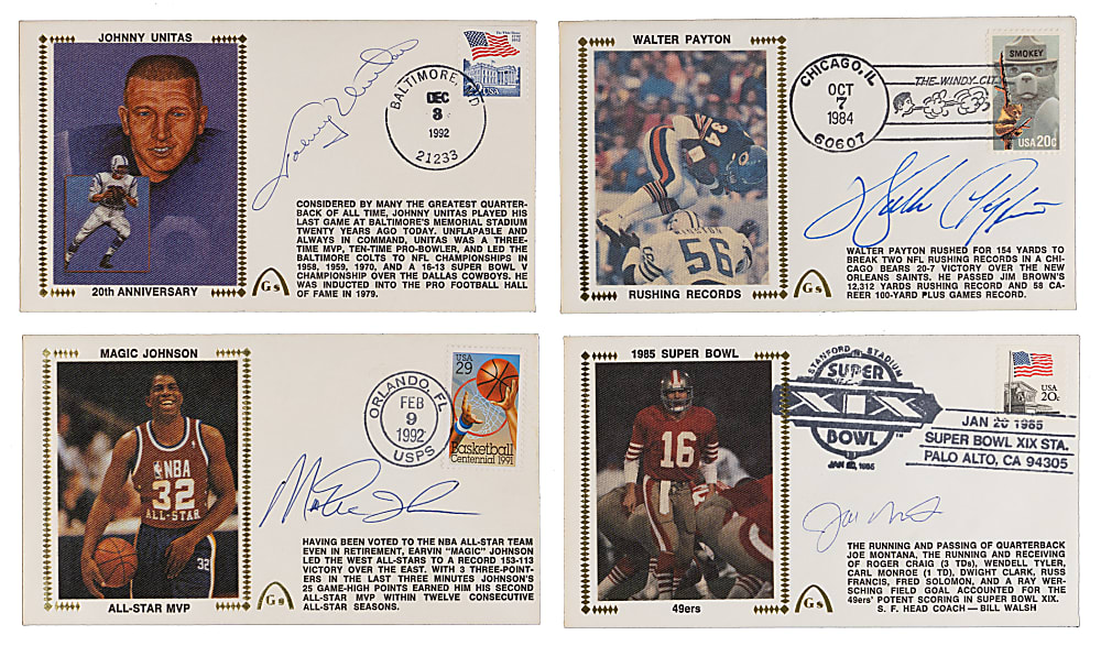 Football & Basketball Signed Cachet/First Day Issues Collection (10) with Walter Payton, Johnny Unitas, Joe Montana, Magic Johnson