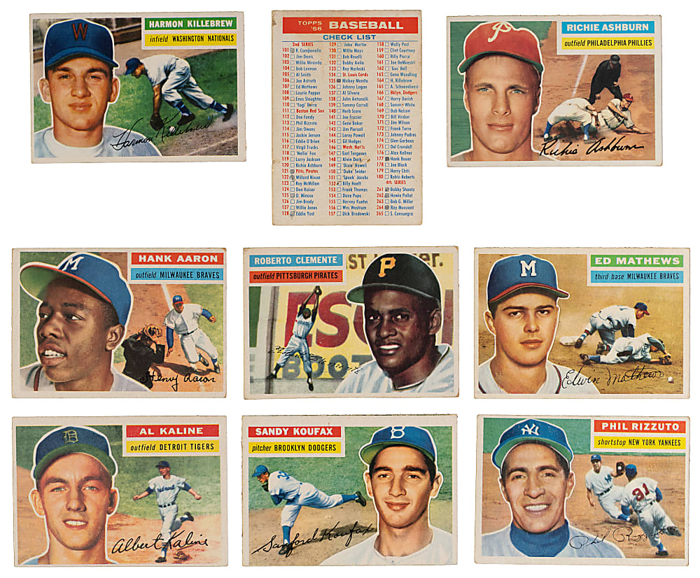 1956 Topps Hall of Fame & Checklist Collection (9) with Aaron, Clemente & Koufax