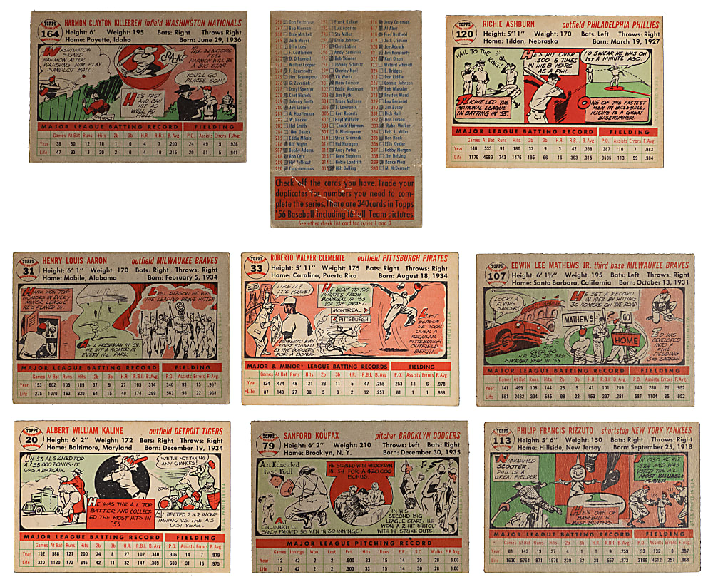 1956 Topps Hall of Fame & Checklist Collection (9) with Aaron, Clemente & Koufax