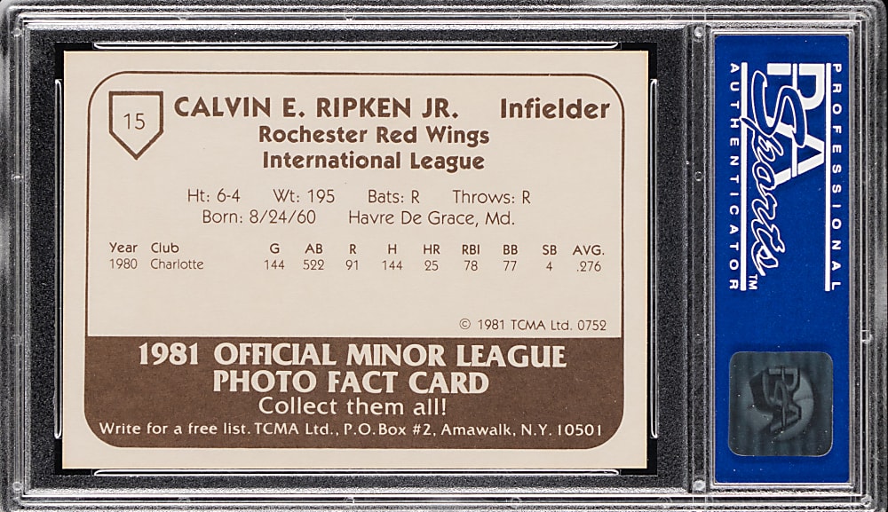 1981 TCMA Rochester Red Wings #15 Cal Ripken Jr. PSA GEM MINT 10