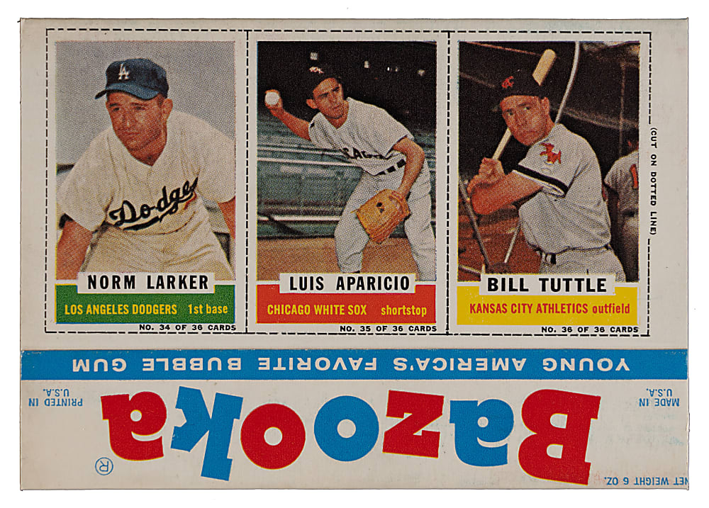 1961 Bazooka Near Complete Box with #34 Norm Larker/#35 Luis Aparicio/#36 Bill Tuttle - Sharp!
