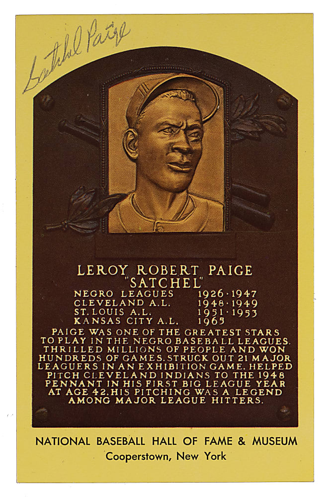 Satchel Paige Signed Yellow Hall of Fame Postcard