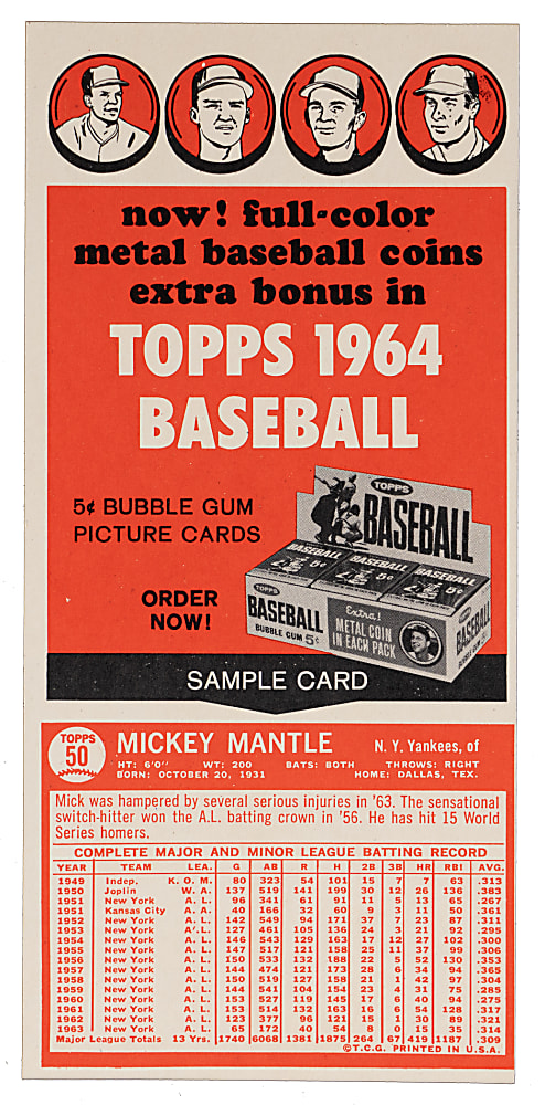 1964 Topps 3-Card Salesman Sample Panel with #50 Mickey Mantle Back - Sharp!