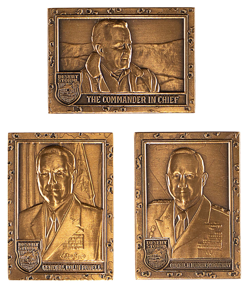 Scarce 1991 Topps Desert Storm Bronze Promotional Set (3) with George Bush & Colin Powell