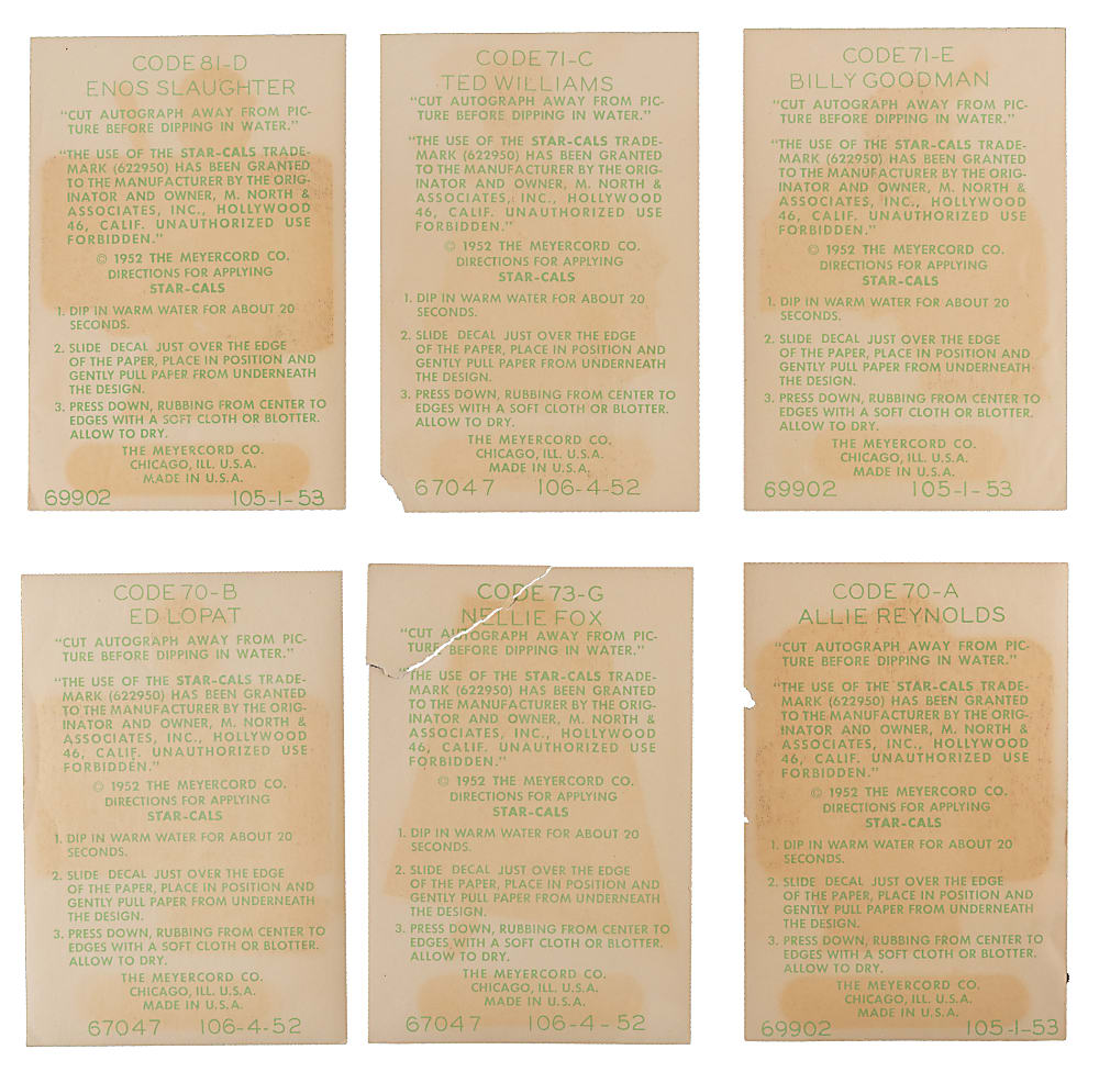 1952 Star-Cal Decal Type 1 Group (6) with (3) Hall of Famers Including Ted Williams