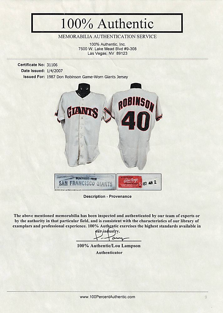 1987 Don Robinson San Francisco Giants Game-Used Home Jersey
