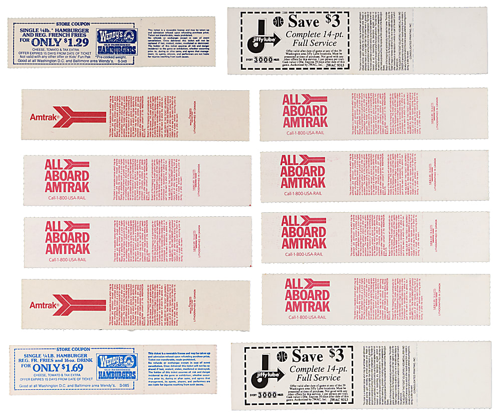 1976-1996 Washington Bullets Full Tickets (202) with (2) Michael Jordan 51-Point Game, Shaq Rookie Year, Bird/Magic