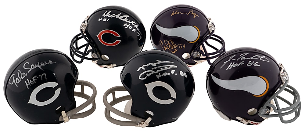 NFC Central Signed Mini-Helmet Collection (13) with Purple People Eaters Multi-Signed, Ditka, Sayers, Tarkenton