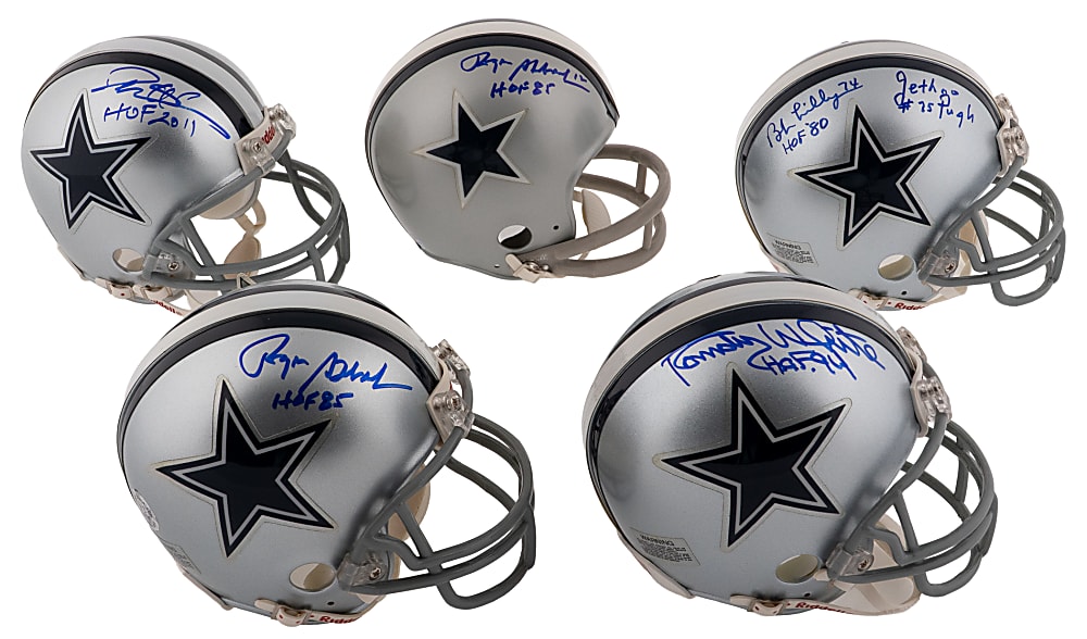 Dallas Cowboys Signed Mini-Helmet Group (5) with (2) Staubach, D. Sanders & Multi-Signed