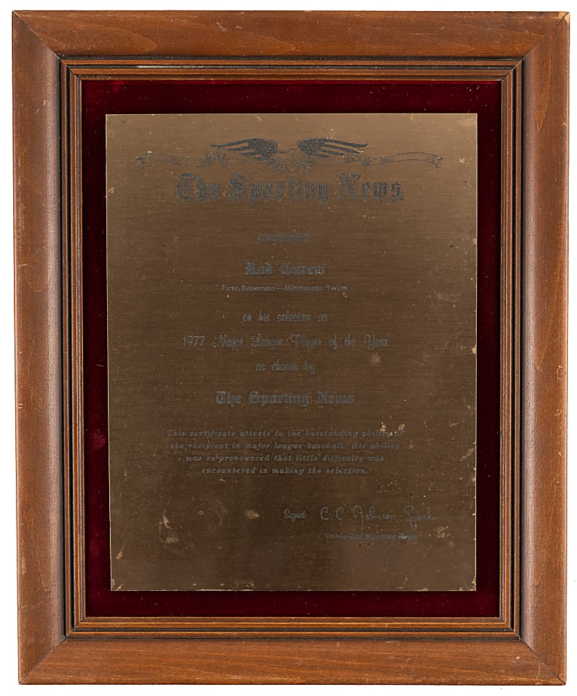 1977 Rod Carew The Sporting News Player of the Year Award