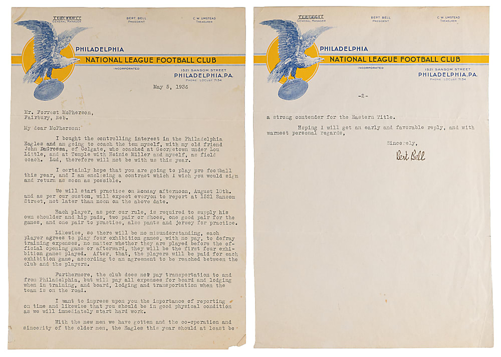 1936 Bert Bell Typed Letter Signed to Forrest McPherson on Philadelphia Eagles Letterhead
