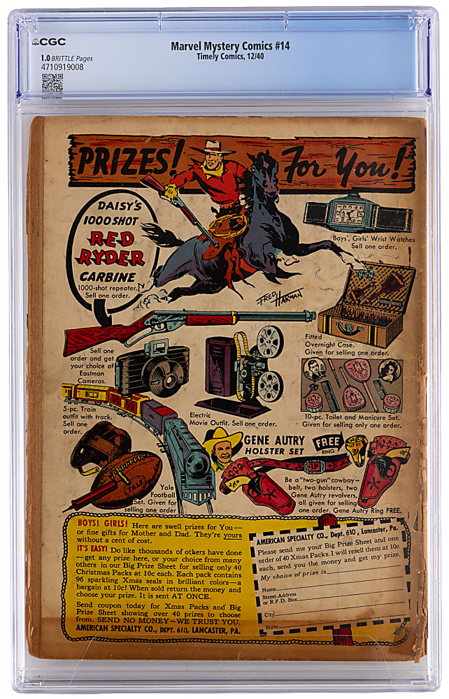 1940 Timely Comics Marvel Mystery Comics #14 Second Appearance of Vision - CGC 1.0