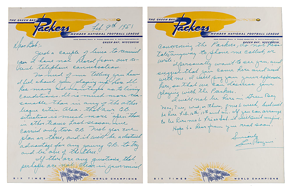 1951 Gene Ronzani Two-Page Handwritten Recruitment Letter On Attractive Green Bay Packers Letterhead (2nd GB Head Coach)