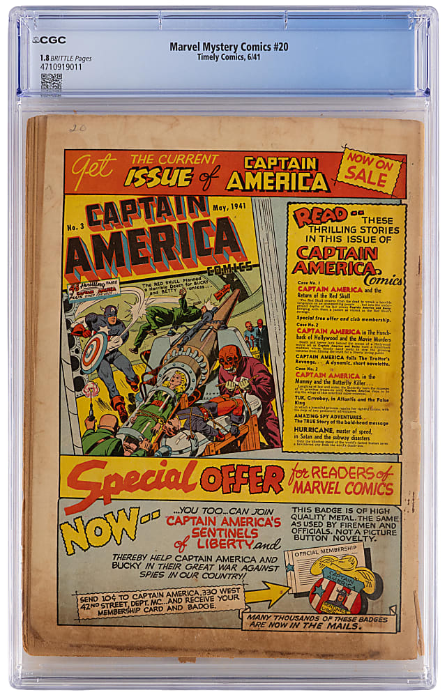 1941 Timely Comics Marvel Mystery Comics #20 Origin of Angel - CGC 1.8