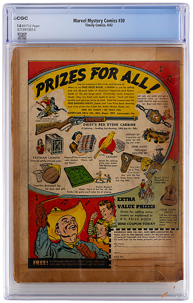 1942 Timely Comics Marvel Mystery Comics #30 Remember Pearl Harbor Issue - CGC 1.0