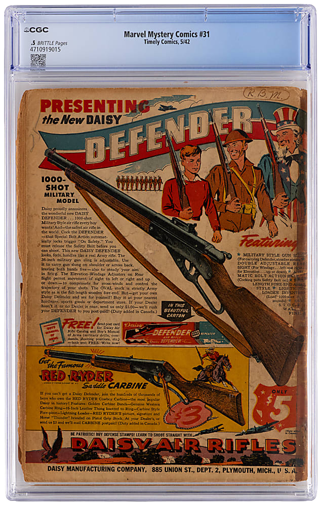 1942 Timely Comics Marvel Mystery Comics #31 Remember Pearl Harbor Issue - CGC .5