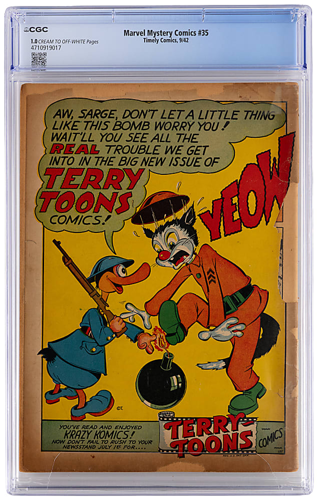 1942 Timely Comics Marvel Mystery Comics #35 Mickey Spillane Text Feature - CGC 1.0